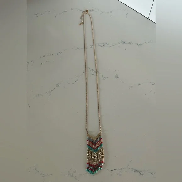 Beaded Chevron Boho Necklace Gold Tone Premier Designs - Picture 2 of 4
